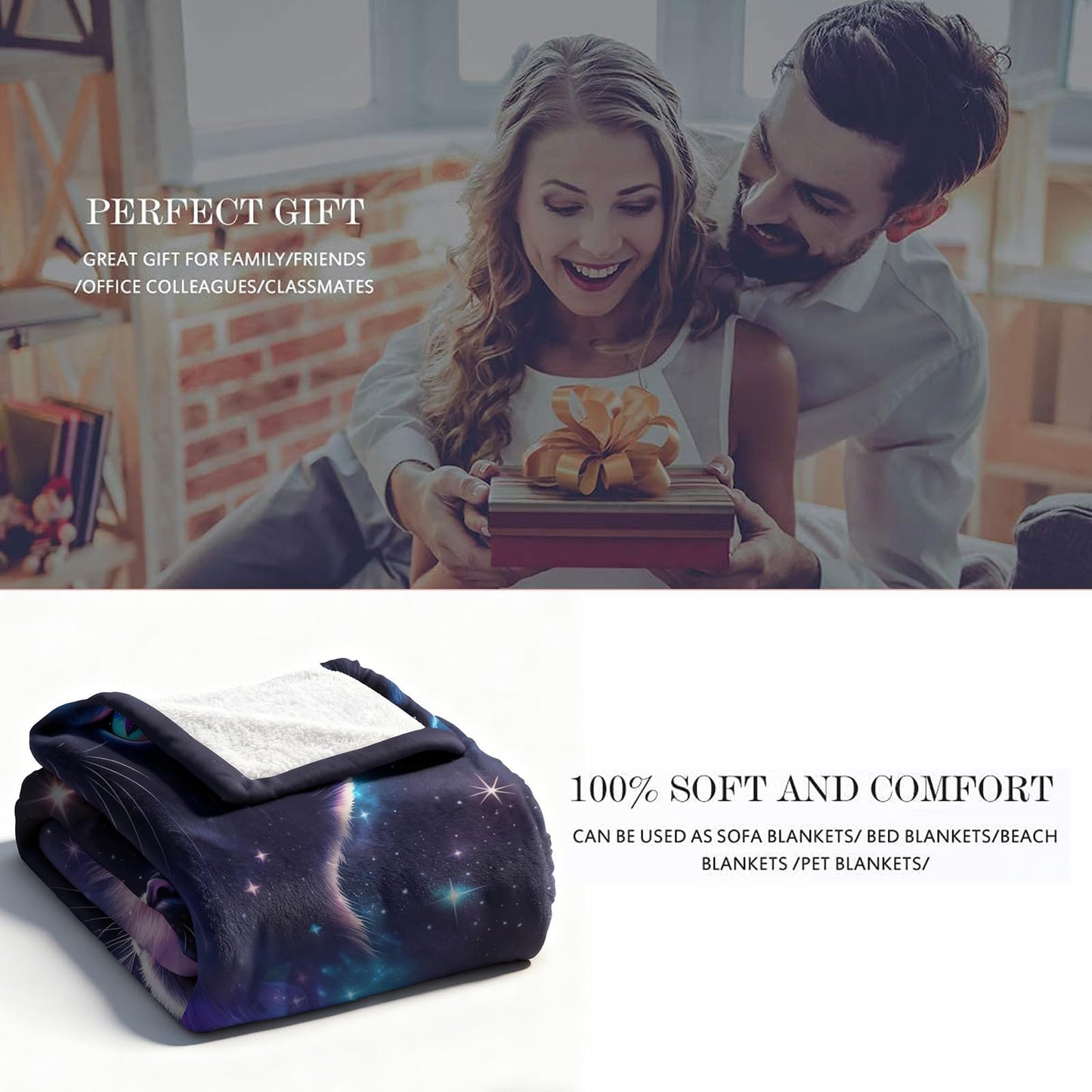 kampdream Galaxy Space Cat Flannel Blanket, Nebula and Starry Night Sky, Super Soft and Warm Couch Sofa Living Room Cute Decor Ideal Gift for Teens Girls 50×60 inch