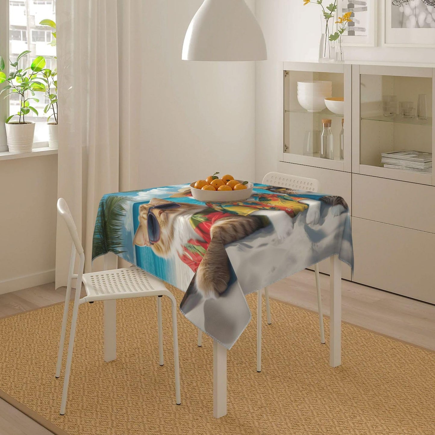 Entemne Square Table Cloth 55x55 Inch Funny Animal Cat Sea Beach Tablecloth Washable Soft Wrinkle Free Dust Proof Card Table Cover for Tea Party Picnic Kitchen Dining Decor