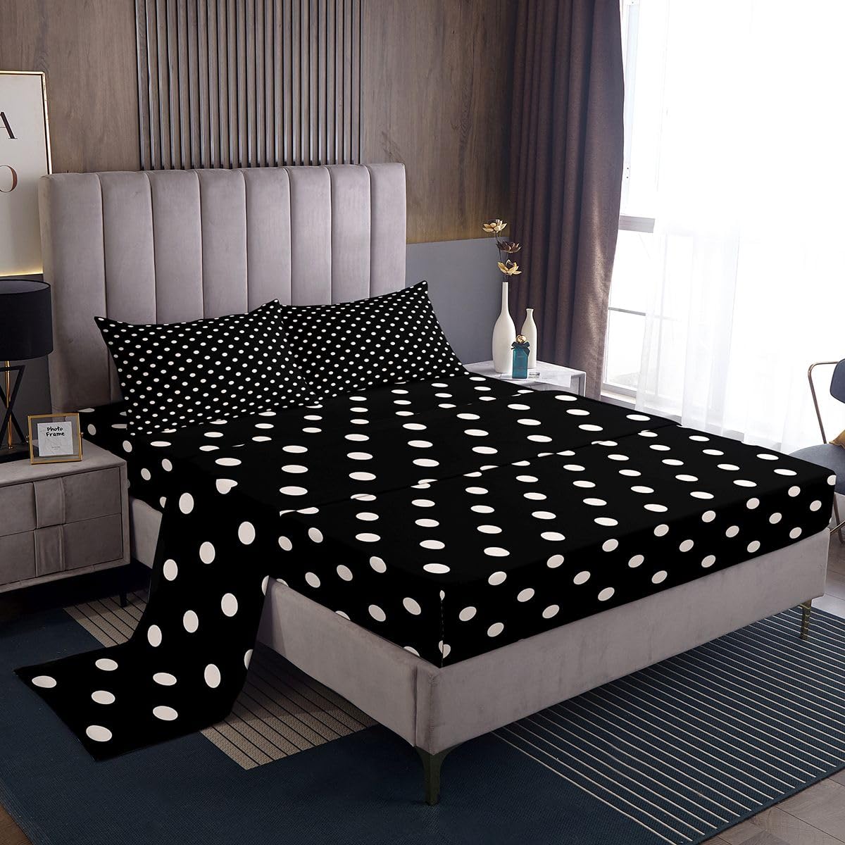 jejeloiu Black White Polka Dot Bed Sheets Set Full Size Retro Cute Polka Dot Bed Set Geometric Deep Pocket Fitted Sheet Luxury Breathable Soft Lightweight Microfiber