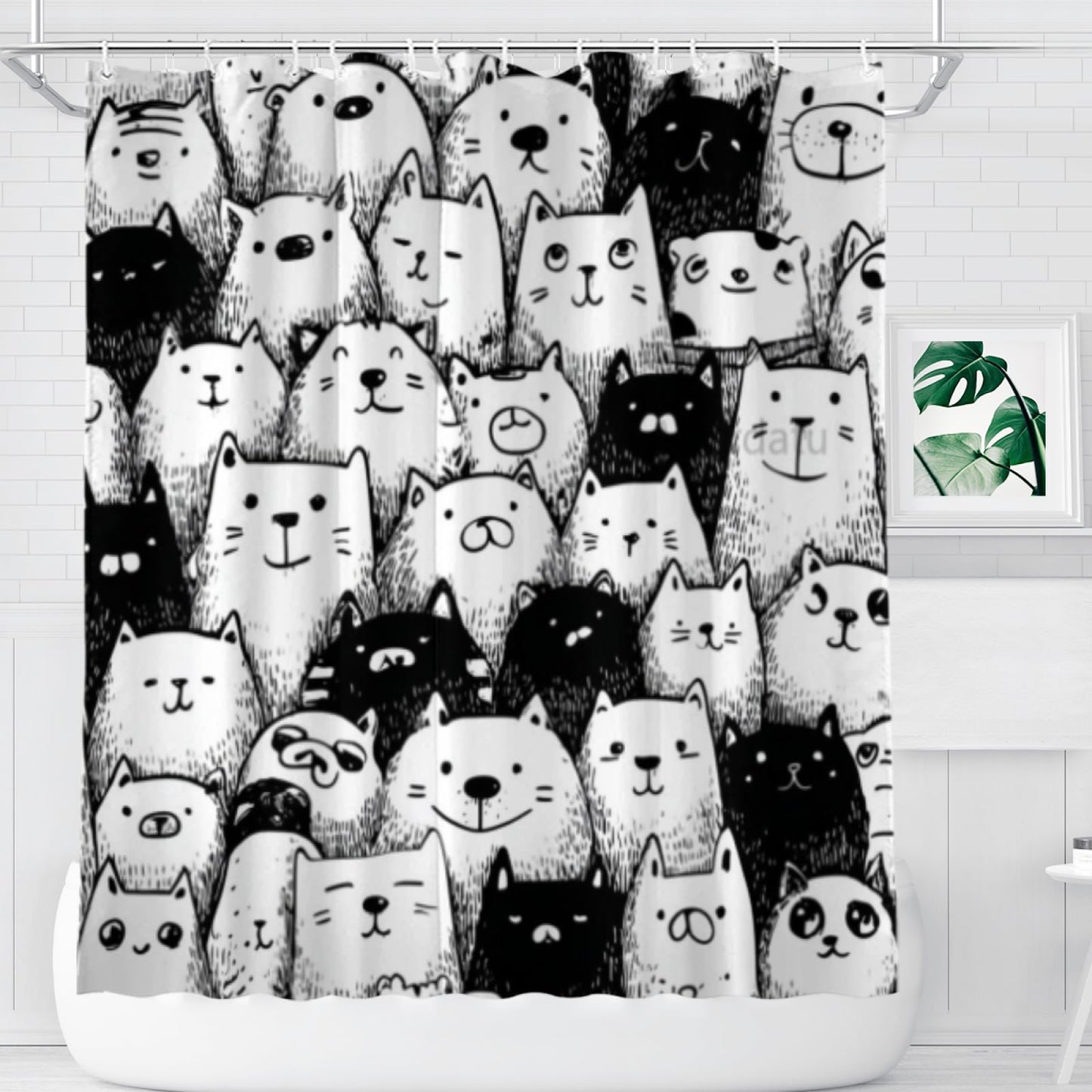 Wordatu Labrador Retriever Pet Shower Curtain, Group of Dogs and Cats Animals Cloth Fabric Bathroom Decor Set 72X72 Inches, Black and White