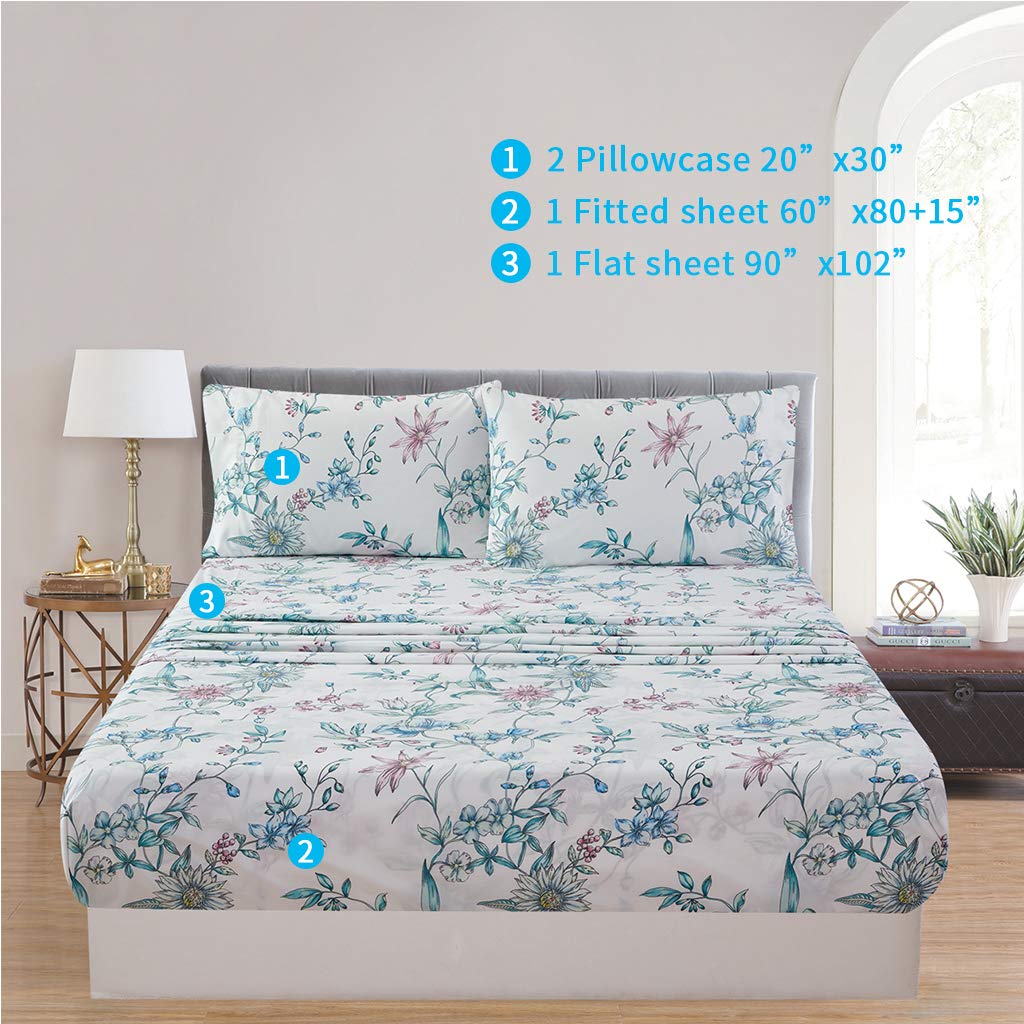JSD White Blue Floral Printed Sheet Set Queen Size, 4 Piece Botanical Microfiber Sheets Extra Deep Pocket
