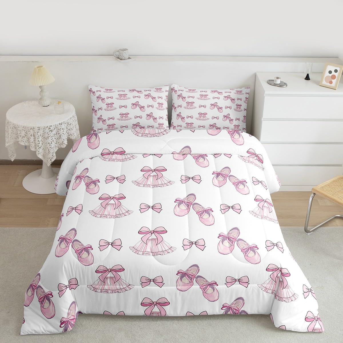 Erosebridal Girls Bow Comforter Set Ribbon Bowknot Ballet Skirt Full Size Bedding Sets | Ballerina Toe Shoe Comforter Kawaii Little Ballet Princess Bed Set