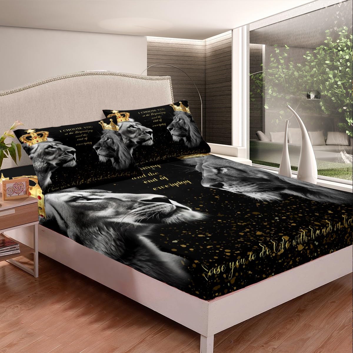 3D Lion Couple Fitted Sheet Queen Size,Golden Glitter King and Queen Crown Bedding Set for Kids Girls Women Men Room Decor,African Wild Animals Bed Sheet Valentine's Day Deep Pocket Sheet,Black