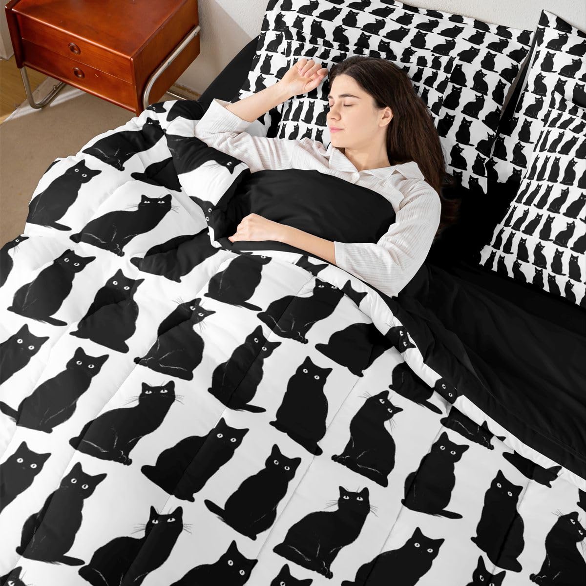 Erosebridal Black Cat 7-Piece Bedding Set Full Size for Kids Teens | Boys Girls Cute Cat Bed in a Bag Cartoon Black Cats Comforter Set with Sheets Geometric Kawaii Kitten Pet Duvet Insert