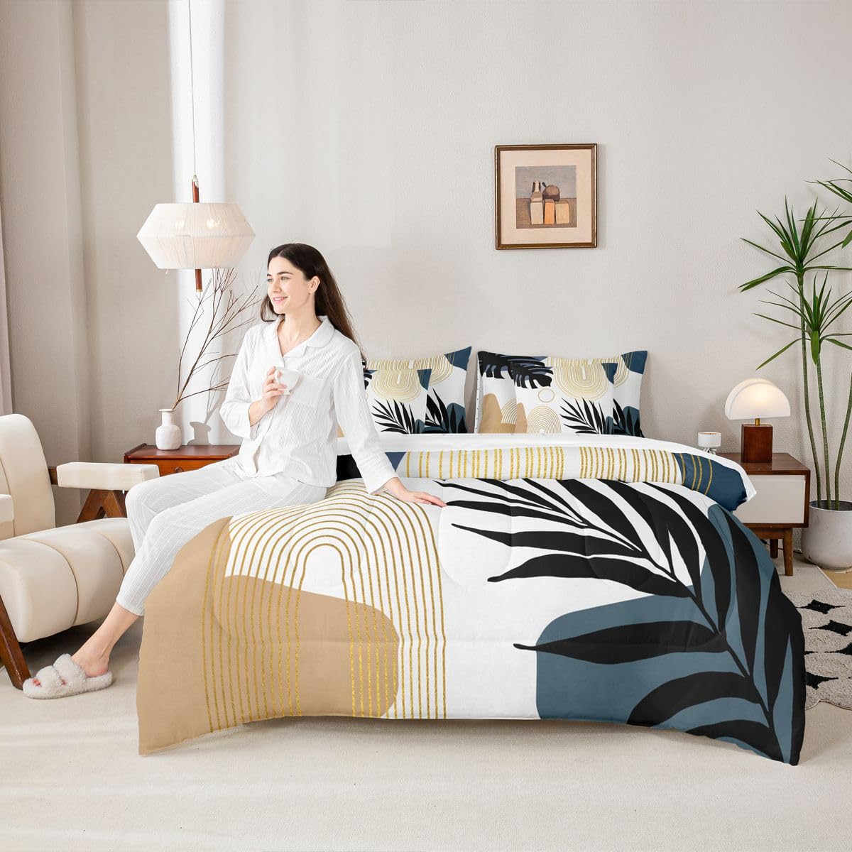 Erosebridal Abstract Tropical Full Comforter Set with Sheets, Chic Boho Plant Palm Leaf 7 Pcs Bedding Set, Bohemian Mid Century Simple Minimalist Bed in A Bag, Modern Geometric Aesthetic Bed Sets