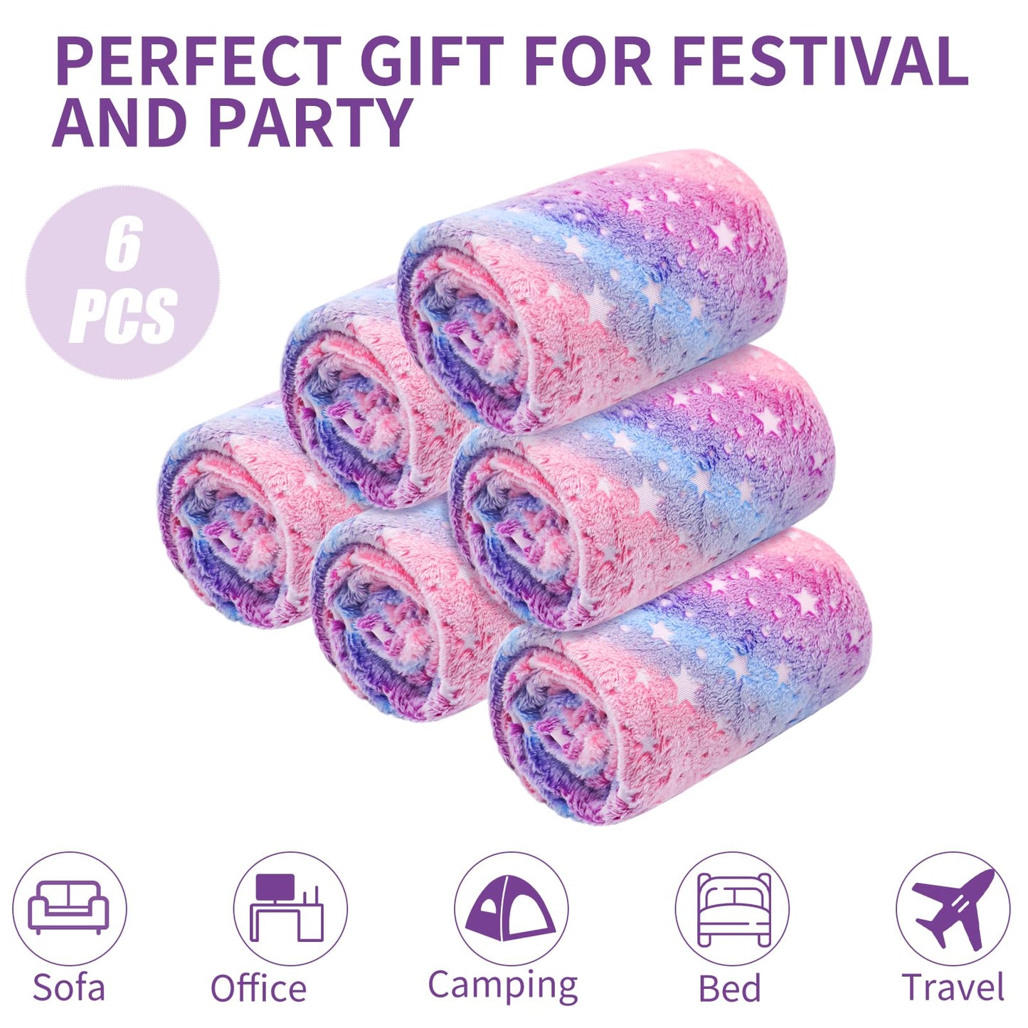 Wokuaile 6 Pcs Sleepover Party Supplies for Girl, Glow in The Dark Fleece Blankets Kids Warm Flannel Blanket for Teenager Bed Travel SPA Movie Party, Star, 40"x60"