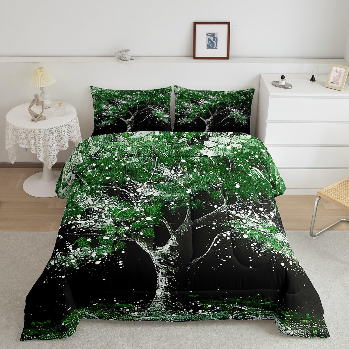Manfei Green Tree Comforter Set for Kids,Abstract Nature Grass Bedding Set Teens Boys Room Decor,Tree Painting Print Comforter with 1 Pillowcase for All Seasons,Twin