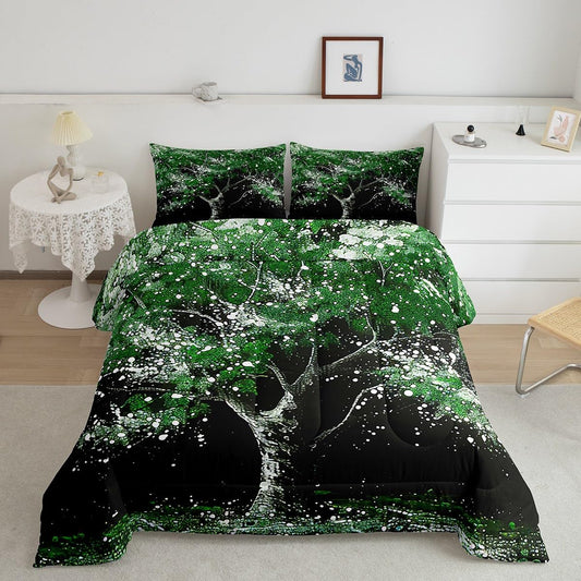 Manfei Green Tree Comforter Set for Kids,Abstract Nature Grass Bedding Set Teens Boys Room Decor,Tree Painting Print Comforter with 1 Pillowcase for All Seasons,Twin