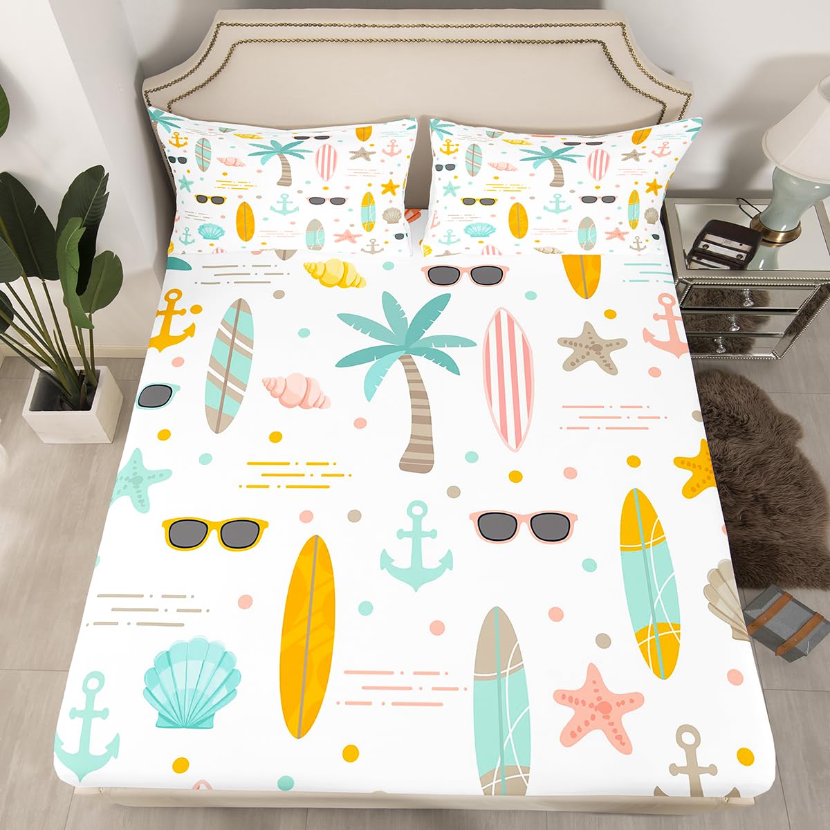 Nautical Anchor Bed Sheet Set for Kids Boys Girls Teens,Hawaii Palm Tree Sheet Set King Size,Surfboard Ocean Beach Bedding Set,Starfish Coastal Sea Animal Fitted Sheet + Flat Sheet + 2 Pillow Cases