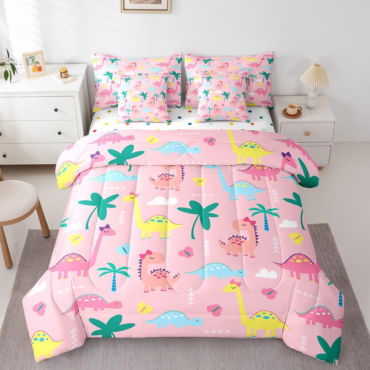 Erosebridal Pink Dinosaur Twin Size Comforter Set with Sheets | Kawaii Palm Leaves Botanical Eucalyptus 7-Piece Bedding Set Jungle Safari Cute Animals Bed in a Bag Colorful Butterfly Bed Quilt Sets