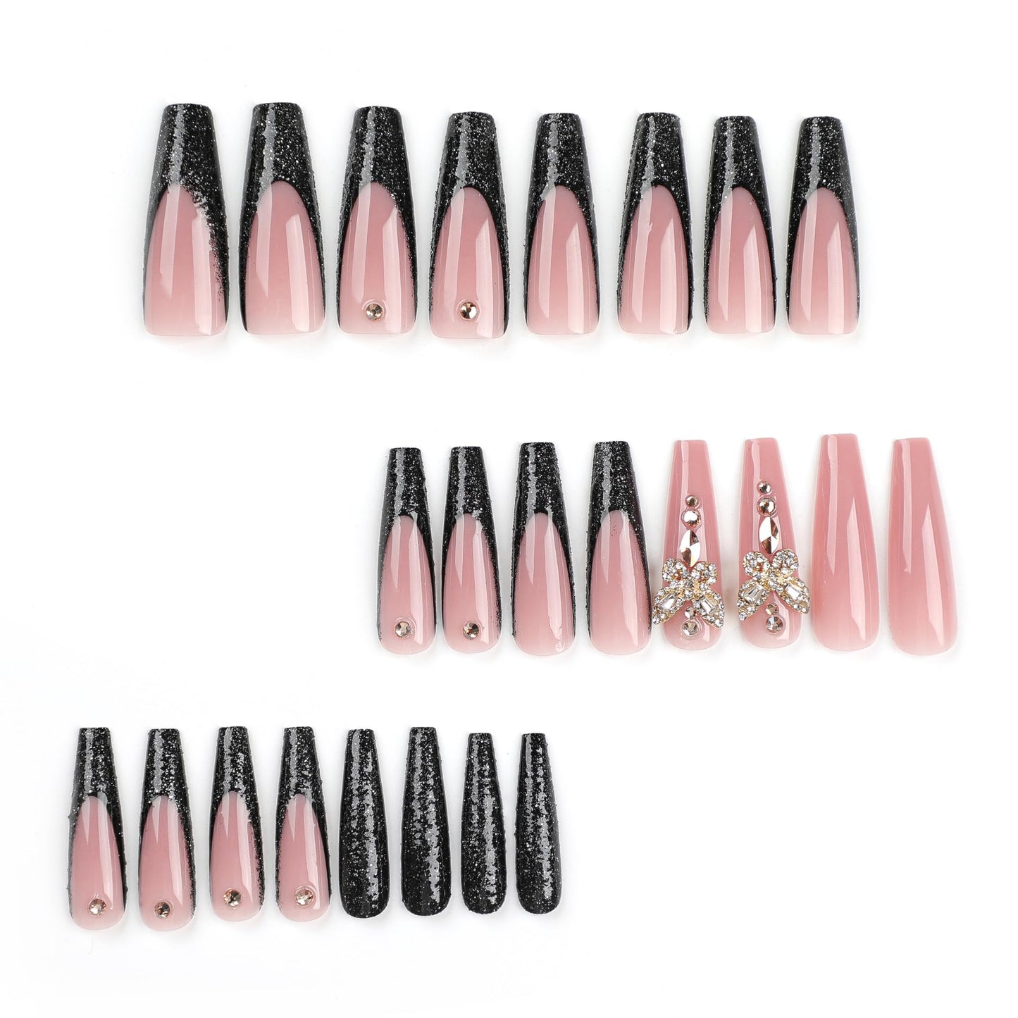 MERVF Coffin Press on Nails Long Fake Nails Black French Tip Glue ons 3D Butterfly Rhinestones Acrylic False Ballerina Luxury Nail Glitter Design Glossy 24pcs