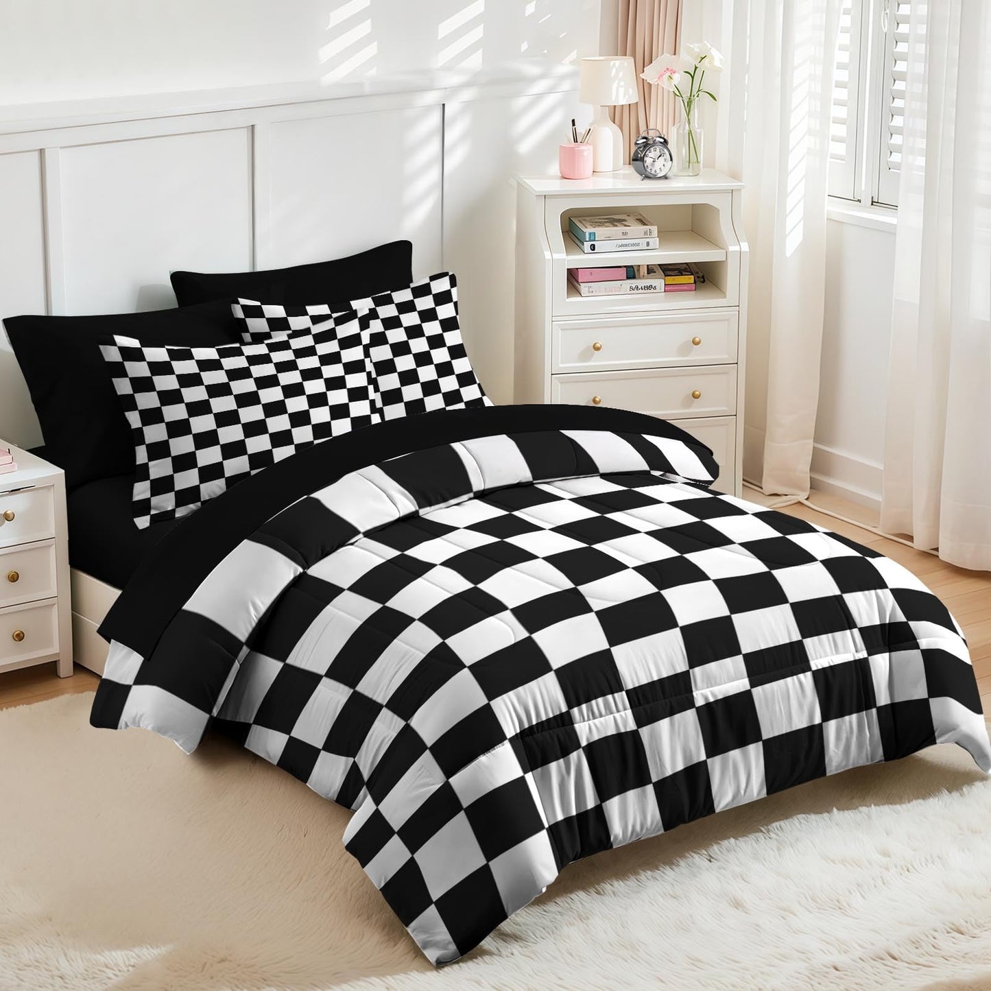 Nesker Comforter Set King Size, Black and White Plaid Geometry 7 Pcs Bedding for Kids and Adults, Checkerboard Grid Black Bed Sheet Sets with Fitted Sheet 2 Pillowcases & 2 Shams