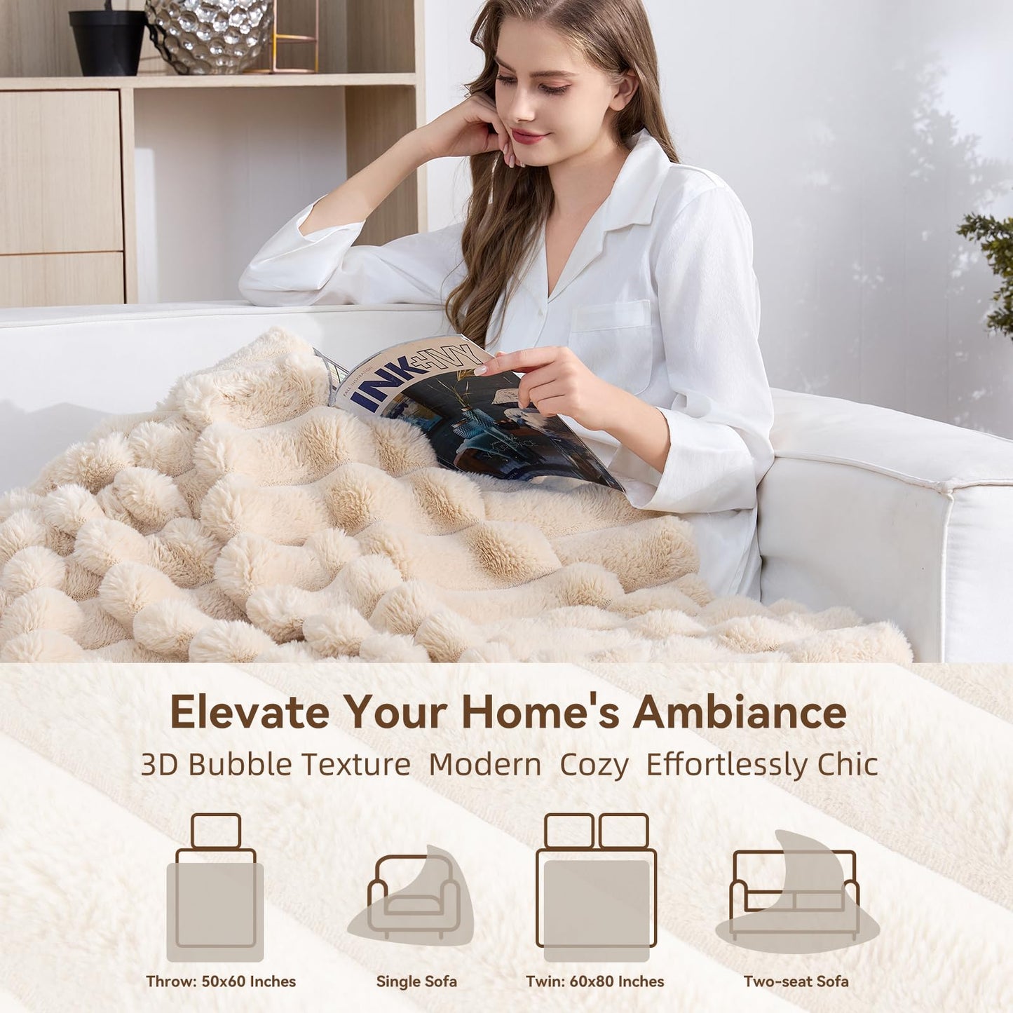 KayWing Faux Fur Throw Blanket: Beige Reversible Ultra Soft Rabbit Wide Strip Fleece - Luxury Fluffy Blanket for Sofa Bed Decor - Throw Size 50"x 60"