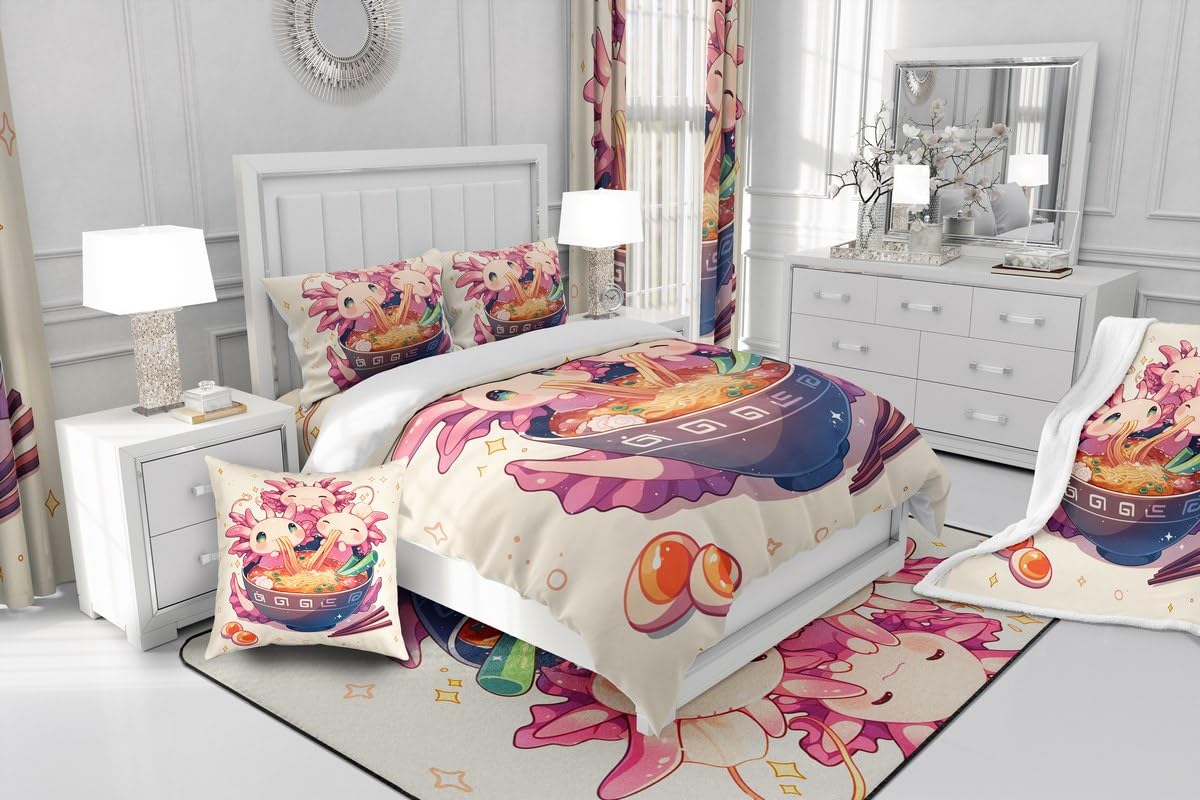 Erosebridal Funny Axolotl Queen Bedding Set,Ramen Noodle Comforter Set Ramen Gifts for Kids Boys Girls,Japanese Food Quilt Bed Set Cute Animal Bedding Comforter Sets with 2 Pillowcases Room Decor