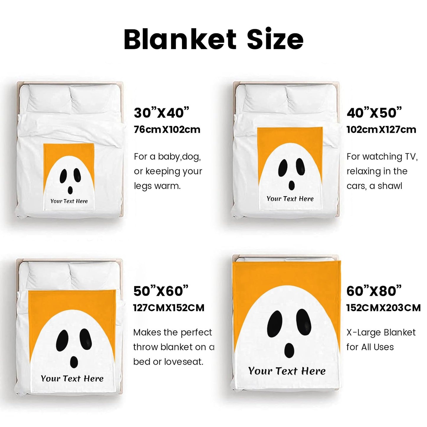 Ghost Throw Blanket Halloween, Personalized Blanket with Text Name, Super Soft Blankets for Couch Bed Sofa, Orange, 50" x 60"