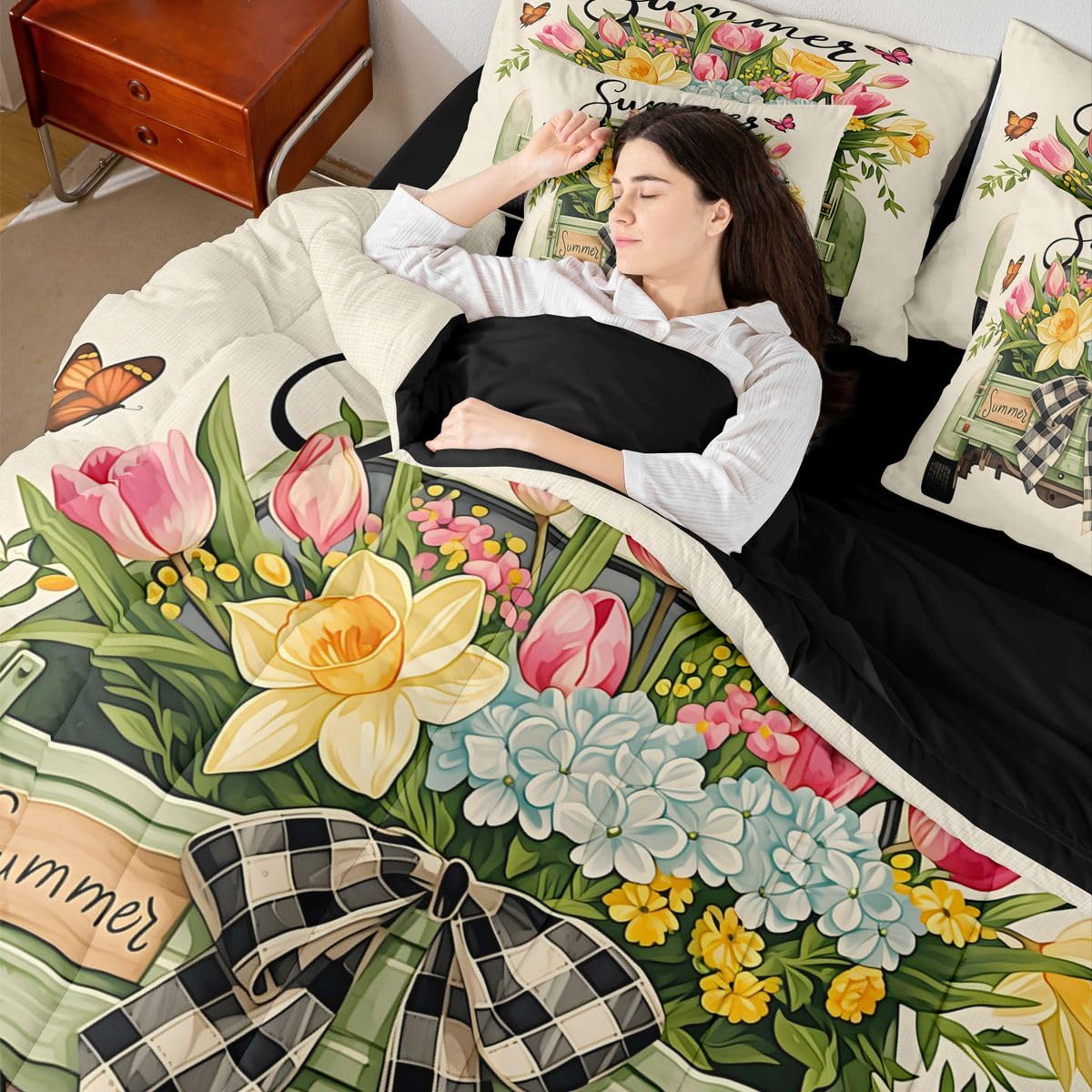 Erosebridal Floral Truck Queen Bedding Set Vintage Bow Green Pickup Comforter Set with Flat and Fitted Sheet Girls Women Summer Blooming Flower 7-Piece Bed in a Bag Countryside Farm Quilt Sets