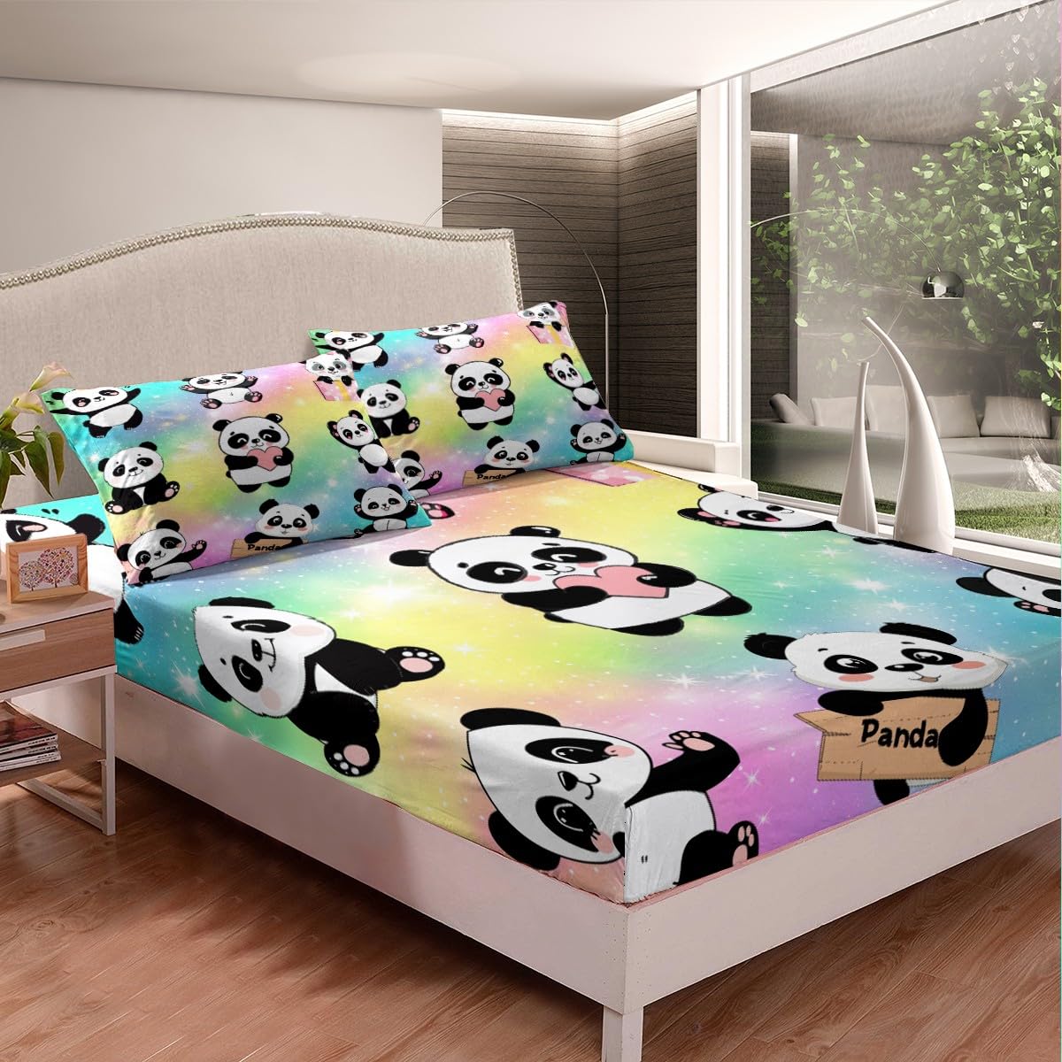 Erosebridal Girls Rainbow Sheets Kids Panda Bed Sheets Sparkle Stars Queen Sheet Set Pastel Glitter Top Sheet Super Cozy Lightweight Sheet & Pillowcase Sets 4 Piece with 2 Pillow Sham