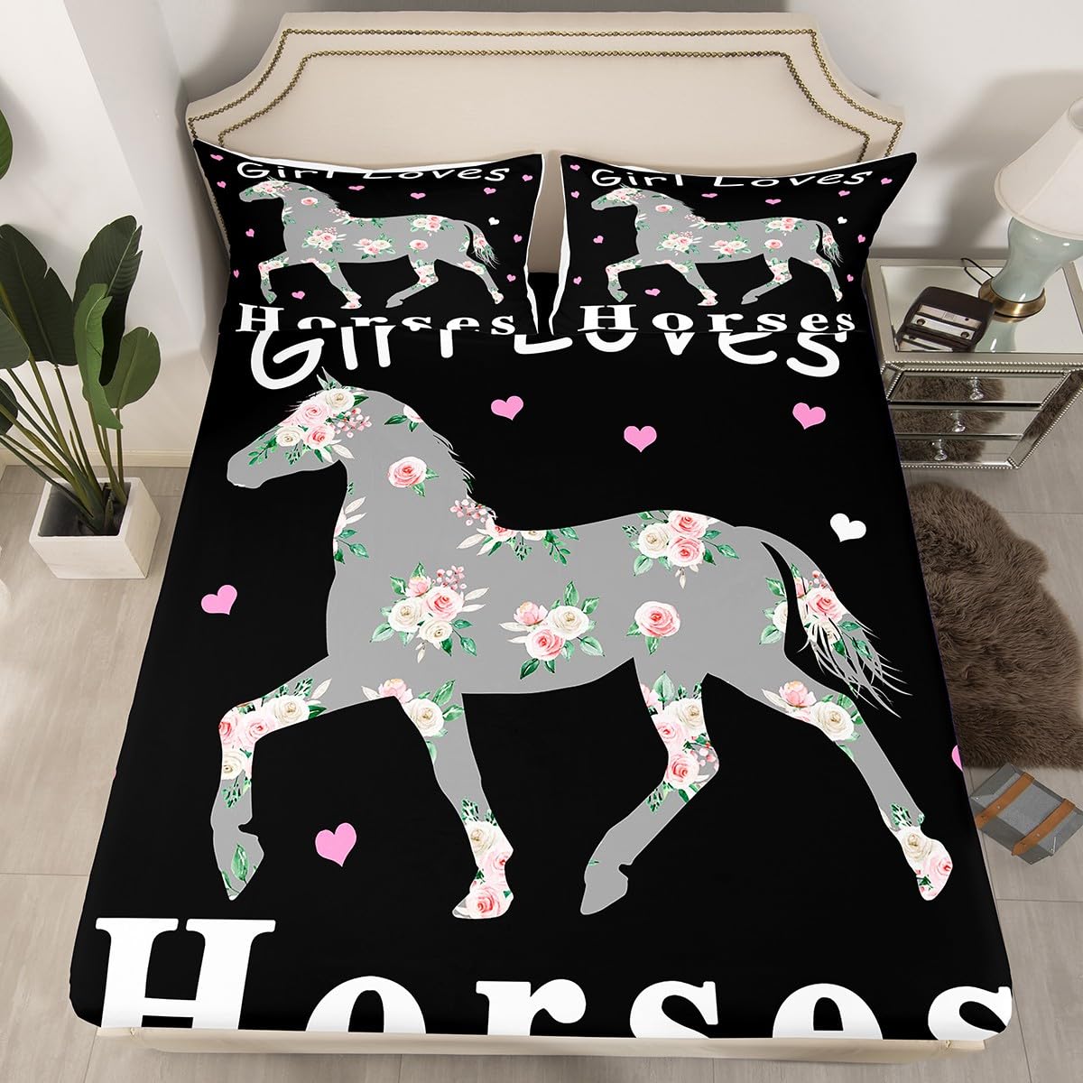 Rose Floral Horse Bedding Set - Fitted Sheet + Bed Cover - 3Pcs Full Size