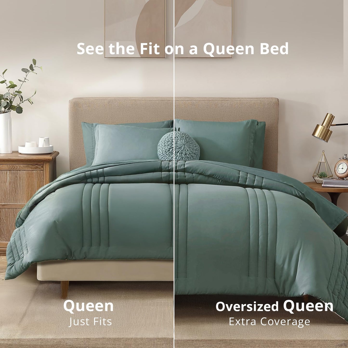 Monbix Queen Comforter Set - 7 Pieces Sage Green Bed in a Bag Queen Bedding Sets with Comforters, All Seasons Comforter Bed Set with Sheets,Pillowcases & Shams