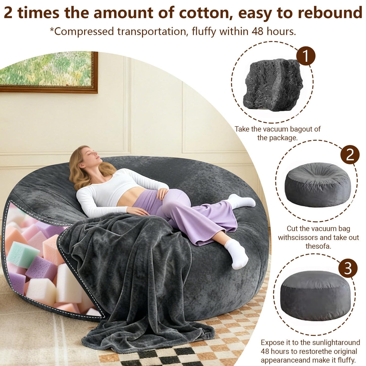 Big Bean Bag Chairs for Adults ，6FT Bean Bag Chair with Filler Memory Foam Chair Super Soft Plush, Living Room Furniture, Suitable for bedrooms, Comfy Lounge Reading Chairs