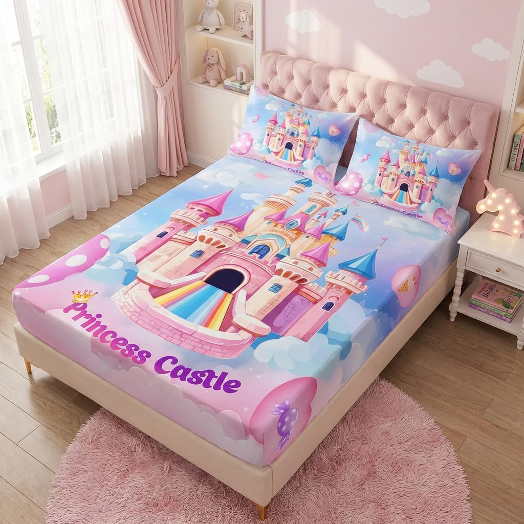 AILONEN Fairy Castle Fitted Sheet Set Twin XL Size, Pink Princess Castle Bedding Set for Kids Teens Girls,Sky Love Candy Bed Sheet Set,1 Fitted Sheet + 2 Pillowcases,3Pcs