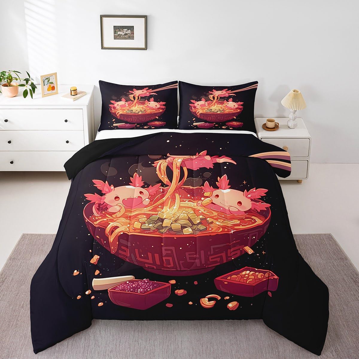Erosebridal Axolotl and Ramen Bedding Set Queen,Ramen Noodle Comforter Set for Kids Boys Girls,Japanese Food Quilt Bed Set Funny Axolotl Print Bedding Comforter Sets with 2 Pillowcases Room Decor