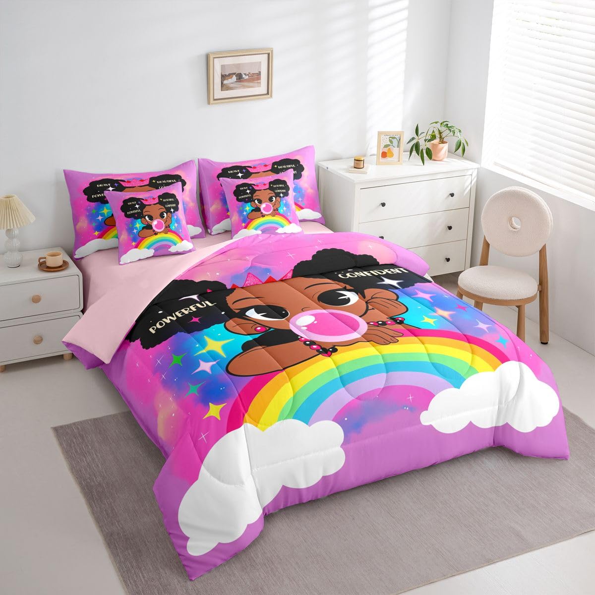 Erosebridal Black Girls Magic Queen Bedding Set Coloful Rainbow Comforter Set with Flat and Fitted Sheet Teen Kids Trendy Glitter Stars Print 7-Piece Bed in a Bag Empowering Quote Quilt Sets
