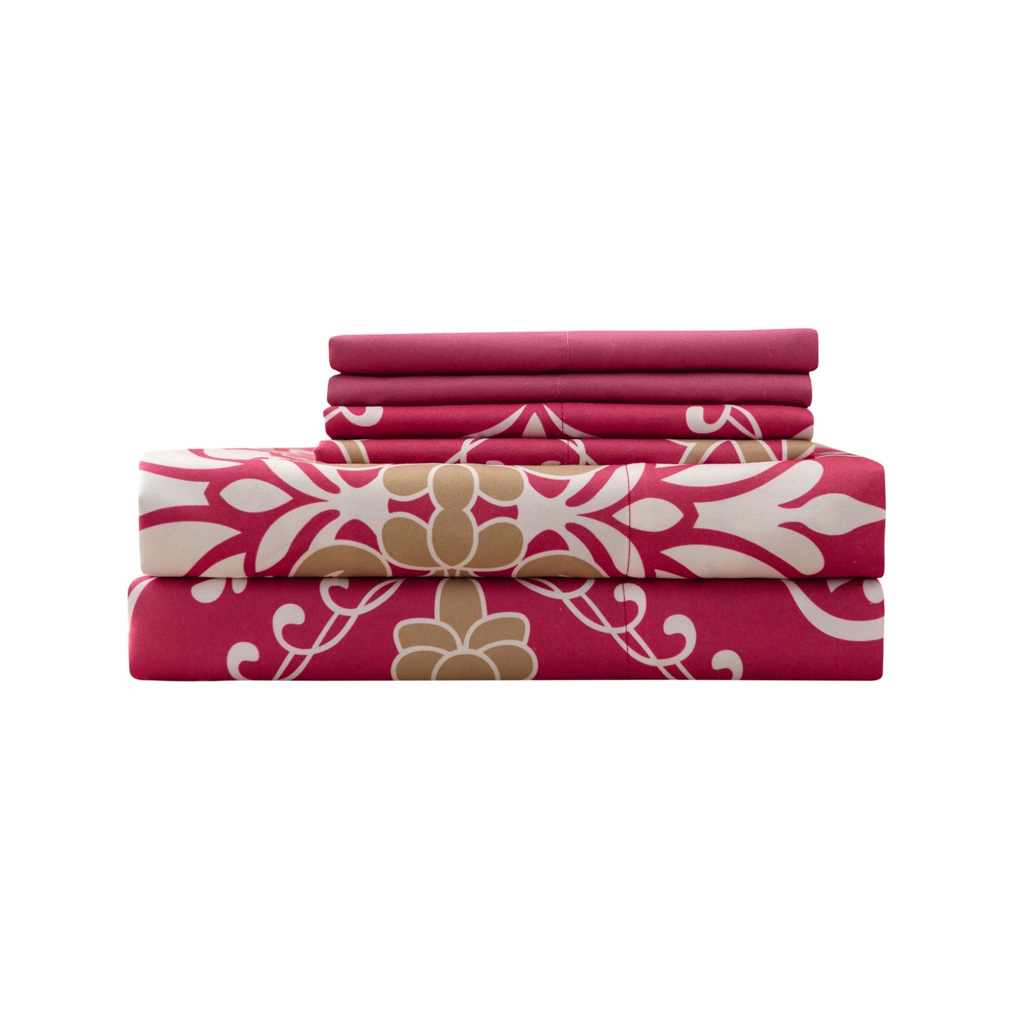 Spirit Linen home 6-Piece Twin Size Bed Sheet Set - Deep Pocket, Damask Print Design, Soft and Breathable Bed Sheets, Microfiber Material, Includes 1 Fitted, 1 Flat, 4 Pillowcases - Burgundy Damask