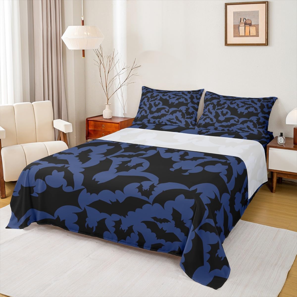 Castle Fairy Halloween Themed Bed Sheet Set for Boys Girls,Black Bats Animal Print Bed Sheet Set Full Size Bedding Set,Dark Navy Blue Color Fitted Sheet and 1 Flat, 2 Pillow Sham