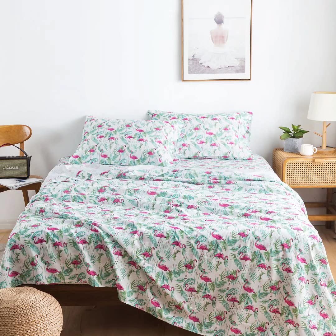 KACEMOO King Sheets Set 4PC - Soft Cooling 1800 Thread Count Micro Boho Printed Bed Sheet, 17 Inch Deep Pocket Breathable, Wrinkle Free, Machine Washable Flamingo Plants Patterned Double Bedding