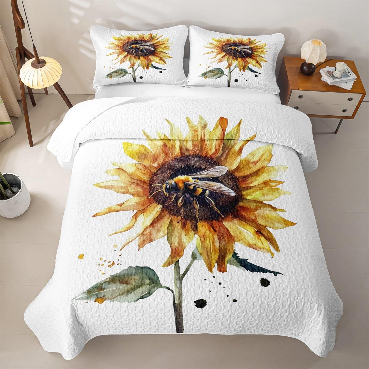 Erosebridal Sunflower Quilt Set Full Watercolor Sunflower Bedding Coverlet Garden Fresh Style Bedspread with 2 Pillowcases All Season Girl Women Soft Bed Lightweight Comforter
