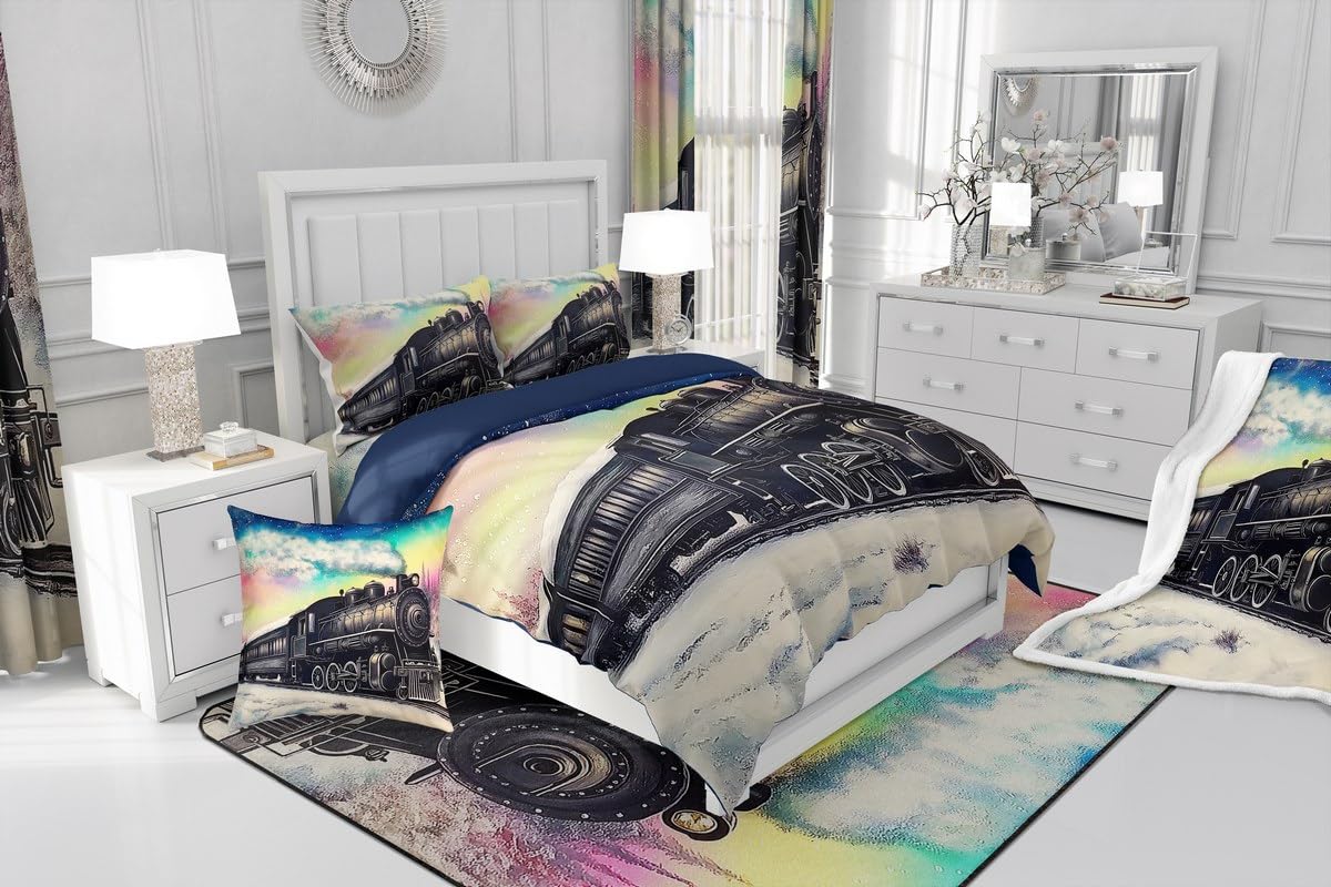 Erosebridal Aurora Train Twin Bedding Set,Railroad Steam Train Comforter Set for Kids Boys Girls,Transportation Vehicle Bed Comforter Sets Winter Snow Scene Quilt Bed Set 2Pcs Room Decor