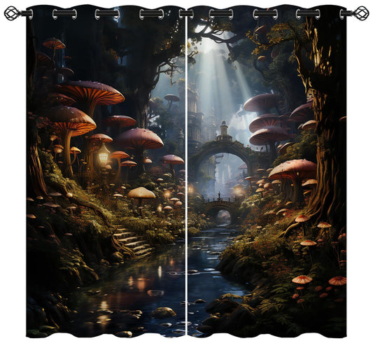 ONINUO Mushroom Magic Forest Blackout Curtains for Girls Boy Home Decor, Fairy Tale Enchanted Castle Grommet Thermal Insulated Drapes Darkening Window Curtain for Bedroom Living Room, 42 x 45 Inch