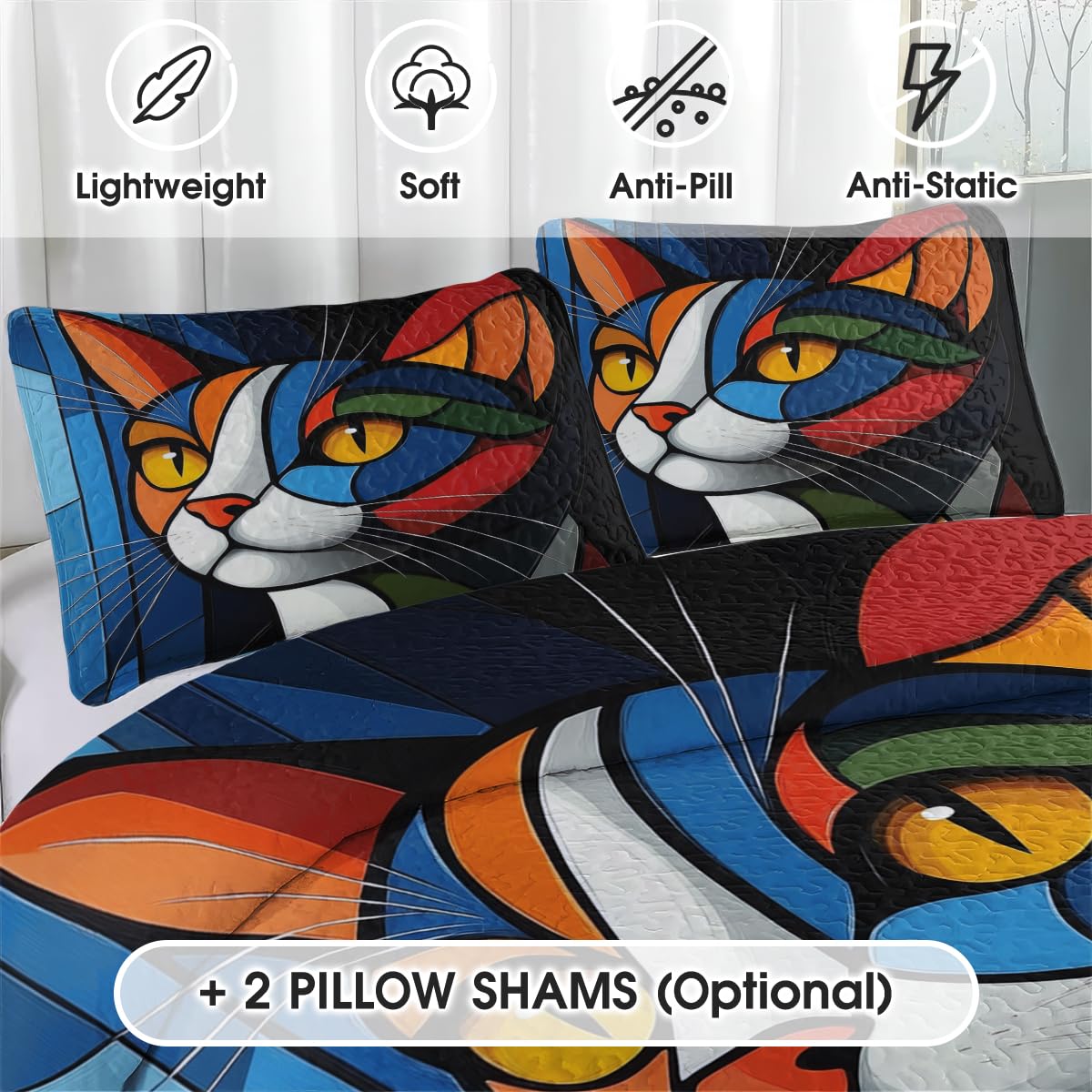 LUSHIS Patchwork Quilt Set, Patchwork Throw Bedspread Bed Sets - Animals Coverlet Sets All Season Soft Microfiber Lightweight Bedding Set (Cat)