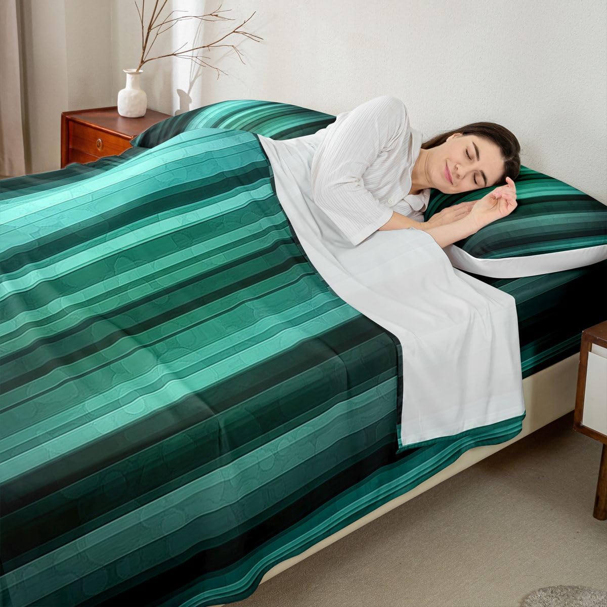 jejeloiu Modern Striped Bed Sheets Set Full Size Geometric Bed Set Black Teal Deep Pocket Fitted Sheet Gradien Breathable Soft Lightweight Microfiber
