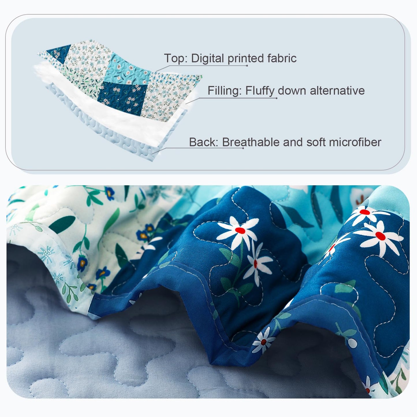 Whale Flotilla Patchwork Quilt King Size, Extra Soft Boho Floral Bedspreads for Bed Reversible Lightweight King Quilt Bedding Set Printed Coverlets with 2 Pillow Shams for All Seasons, Blue