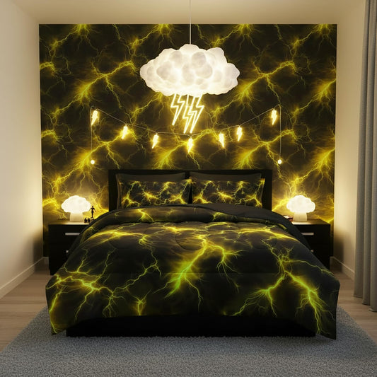 QOOMO Yellow Lightning 7 Pieces Comforter Set Queen Size,Lightning Bedding Set for Kids-Include 1 Comforter,1 Fitted Sheet,1 Flat Sheet,2 Printing Pillowcases and 2 Black Pillowcases
