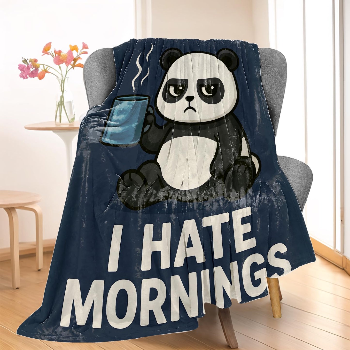 Wanoryer I Hate Mornings Panda Blanket, Comfy & Warm Flannel Grumpy Cartoon Pandas Throw Blanket for Couch, Gifts for Kids Adults Women, Soft Fuzzy Lightweight Travel Bed Blankets for Decor 50"×60"