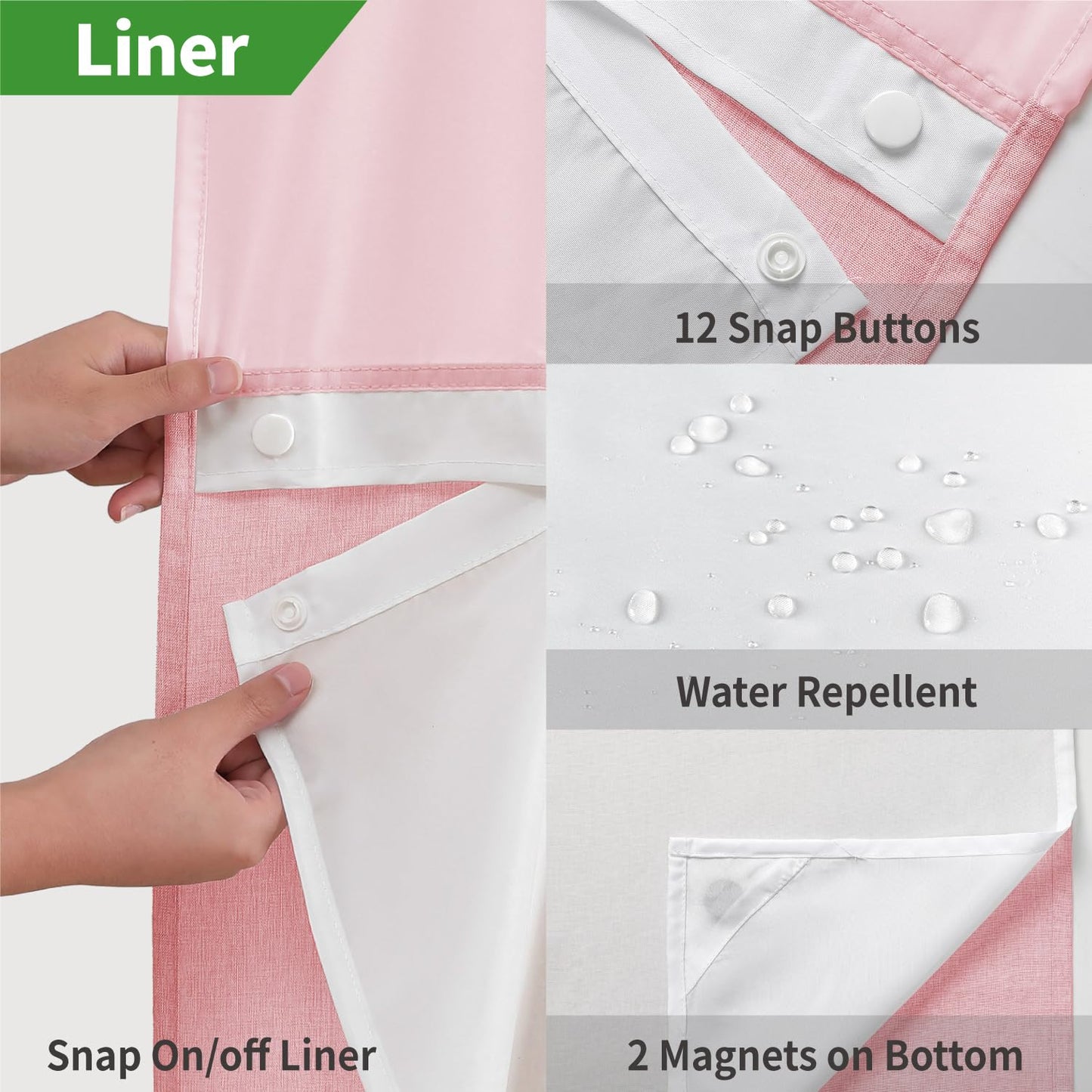 eachope Long No Hooks Needed Linen Textured Shower Curtain with Snap-in Fabric Liner Set,Hotel Luxury Decor Shower Curtains for Bathroom,Waterproof & Washable,71Wx80H,Pink