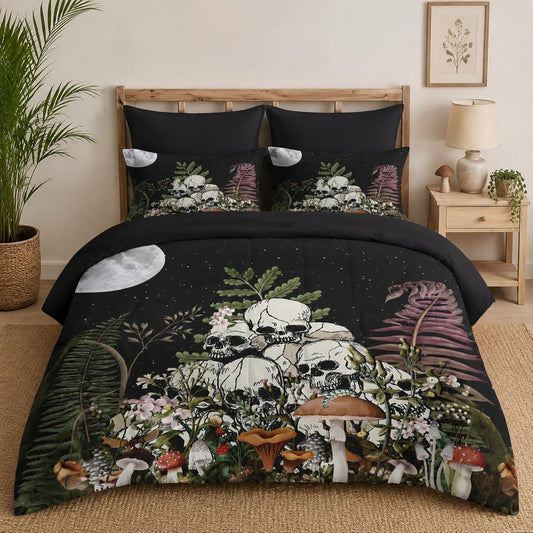 Pamnest Comforter Set Queen Size, Dark Mushroom Plant Vintage 7 Pcs Bedding for Kids and Adults, Skeleton Spooky Retro Bed Sheet Sets with Fitted Sheet 2 Pillowcases & 2 Shams for Bedroom Bed Decor