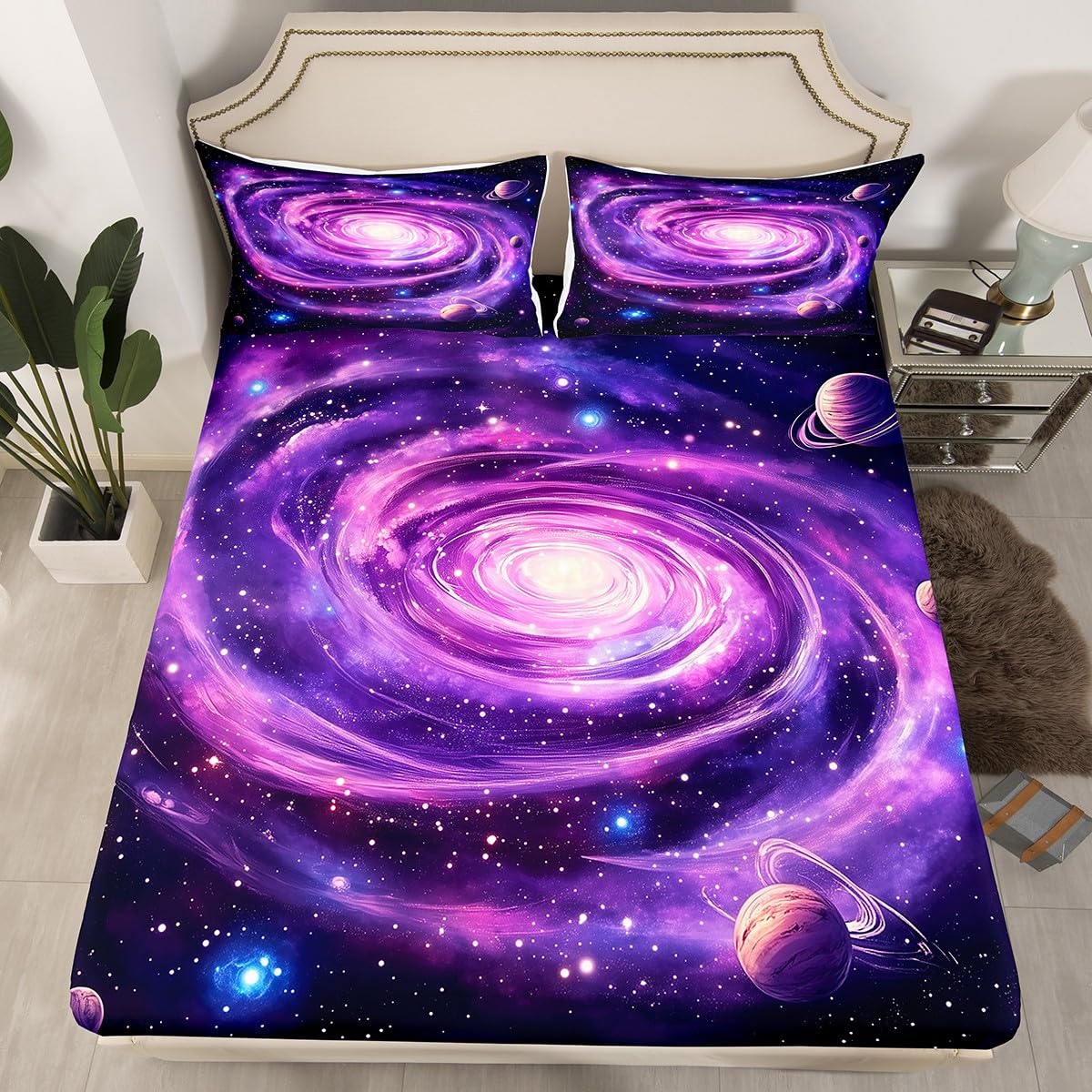 Outer Space Kids Fitted Sheet Full Size,Planets Glitter Starry Sky Galaxy Romantic Bedding Set,Boys Girls Room Decor,Geometric Vortex Bed Cover,Purple Bed Sheet,2 Pillowcases