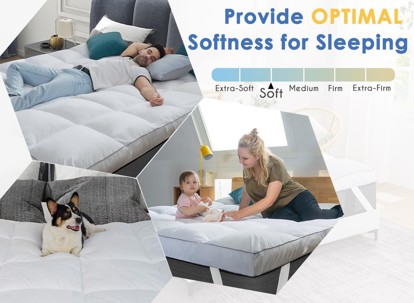 Marine Moon Mattress Topper Queen, Cooling Pillow Top Mattress Topper, Extra Thick Plush Mattress Pad Cover, Overfilled with 7D Down Alternative, Relief Back Pain, Soften Hard Mattress, 80'' x 60''