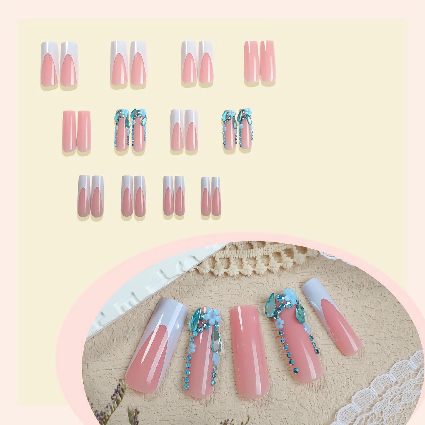 BABALAL Press on Nails Long Square Fake Nails Blue French Tip Glue ons Flower Rhinestone Charm Luxury Bling Supplies Art 24Pcs XL Glossy Full Cover Acrylic False Nails