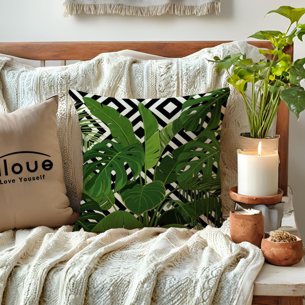 ULOVE LOVE YOURSELF 2Pack Tropical Green Leaves Throw Pillow Cover with Geometric Background Home Decorative Square Cushion Covers Summer Home Decor Palm Pillowcase 18 X 18 Inch(Palm Tree)