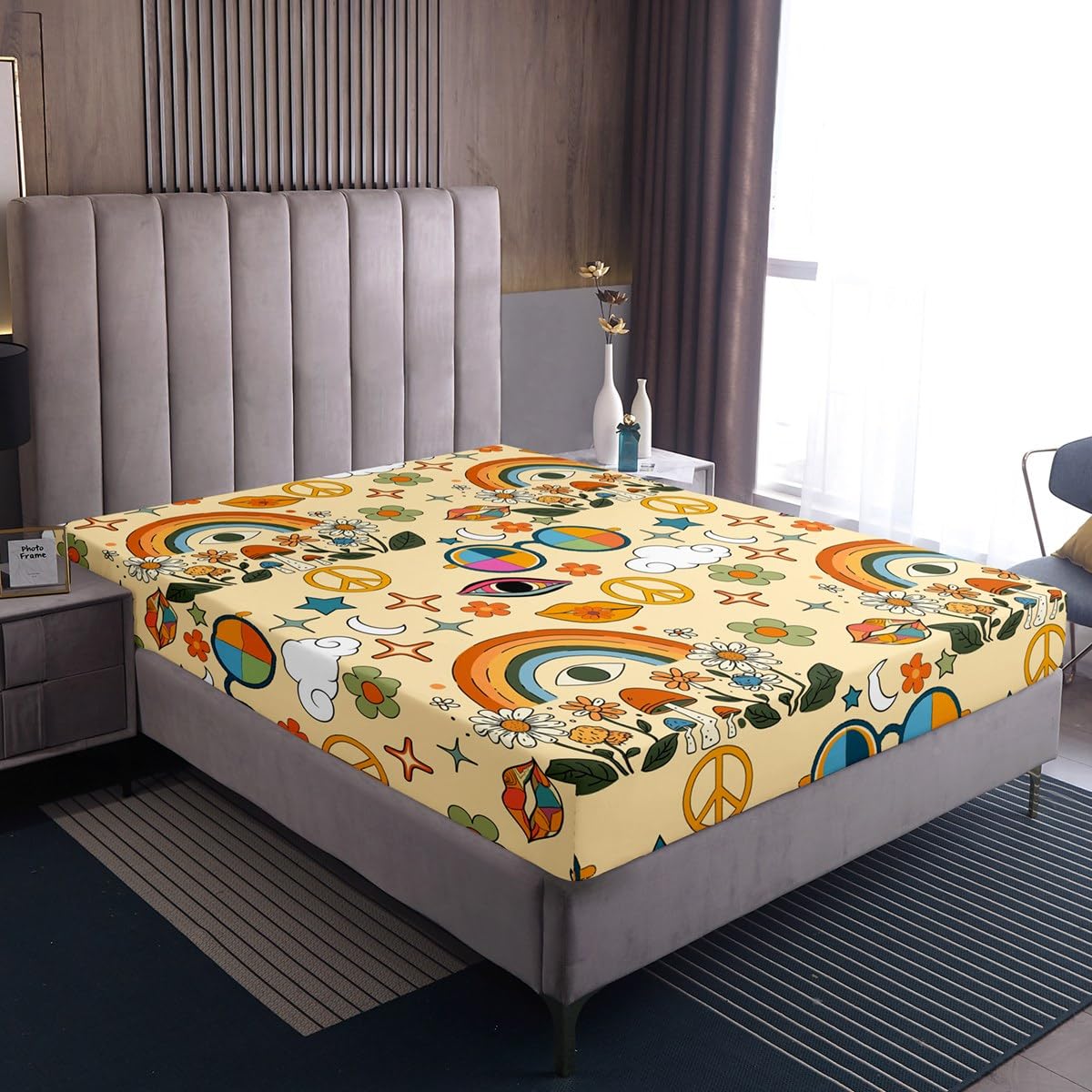 Castle Fairy Retro 70s Hippie Style Bed Sheet Set Twin Size,Mushroom Fitted Sheet + 1 Flat + 1 Pillow Sham,Rainbow Floral Stars Moon Bedding Set for Kids Boys Xmas Gift, Soft Fabric