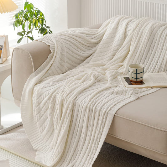 100% Cotton Chunky Knit Blanket, 43x70.8IN WhiteThrow Knitted Blanket Gift, Suitable for Bed, Sofa and Chair, Simple Solid Color Elegant Decoration, Machine Washable,Soft and Breathable