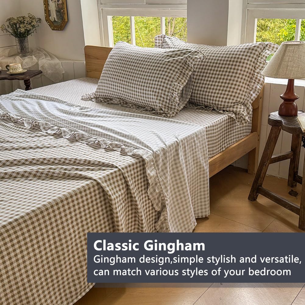 NSNLGSGC Tan Gingham Ruffle Queen Sheet Set, Taupe Soft Pre-Washed Microfiber Plaid Queen Bed Sheets, 4-Pieces Farmhouse Sheet Set with Deep Pocket