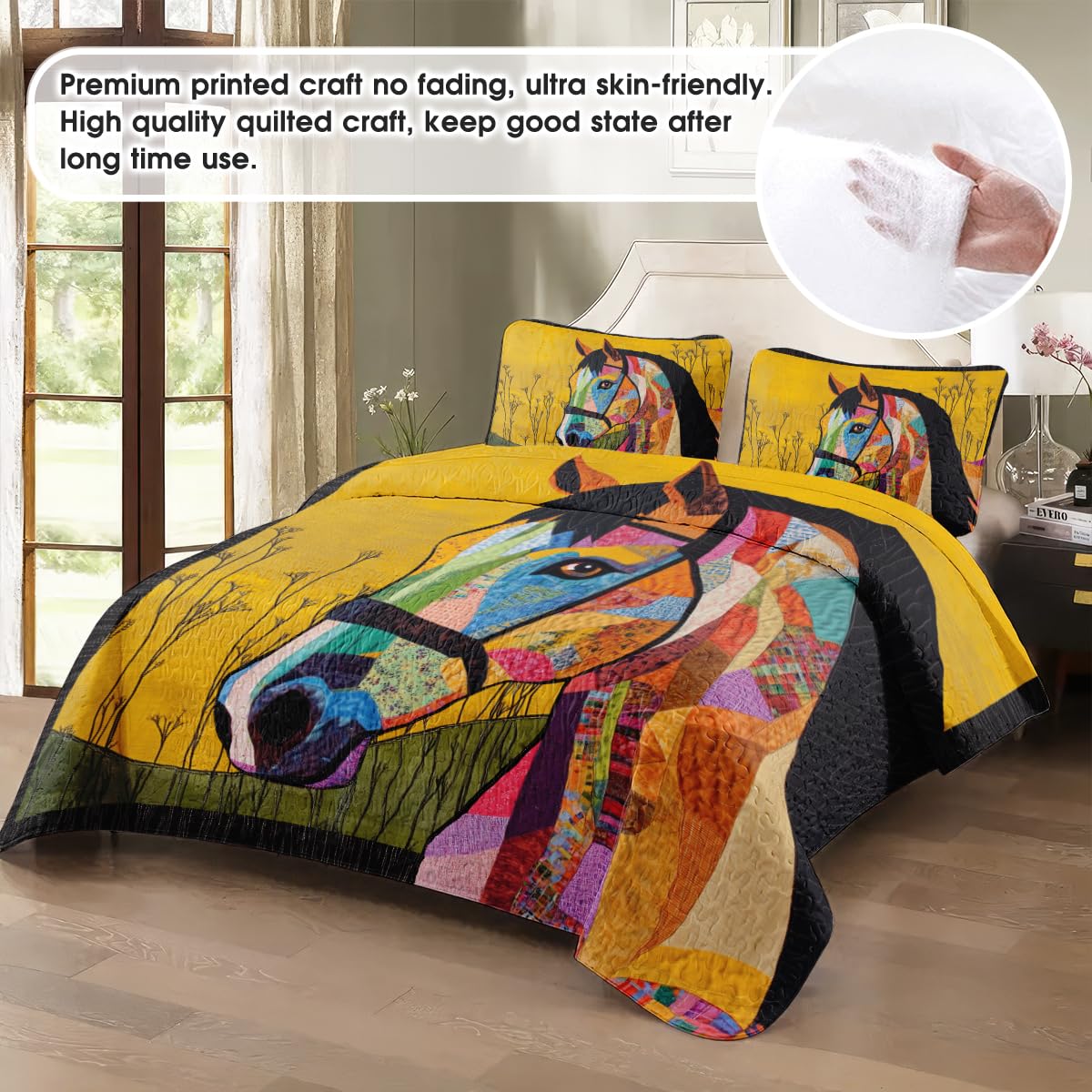 Jeminise Horse Patchwork Pattern Quilt, Animal Farmhouse Quilt Set Patchwork Style, Premium Pattern Printed Quilts, Bedding Present for Mother Christmas
