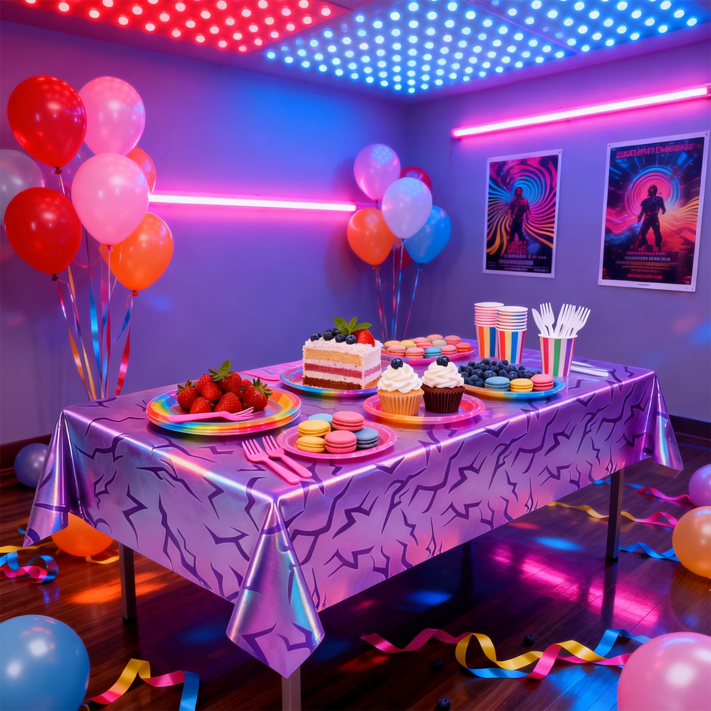 2 Pack Iridescent Holographic Laser Tablecloths, Purple Lightning Demon Energy Table Covers, Disposable Waterproof Birthday Plastic Table Covers for Girls Korean Idol Themed Disco Bachelorette Party