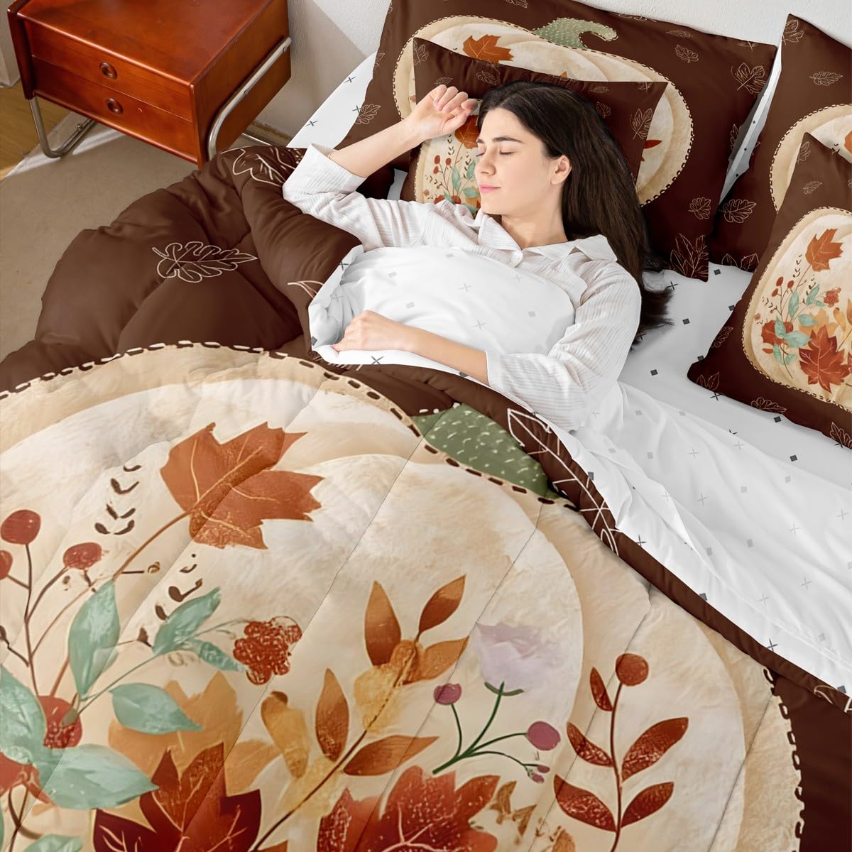 jejeloiu Fall Harvest Comforter Set with Sheets 7 Piece Twin Size Autumn Leaves Bedding Set for Kids Boys Girls Autumn Harvest Theme Bed in a Bag Room Decor Soft Lightweight Microfiber